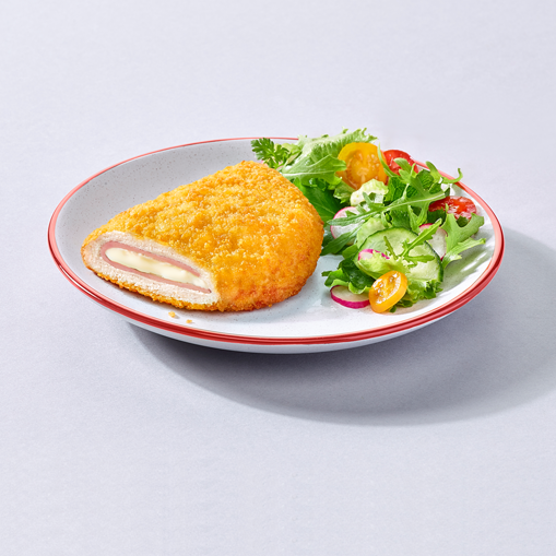 Doux Chicken Cordon Bleu on a plate with spaghetti